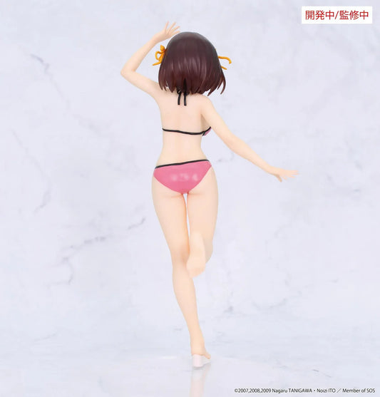 Vivit Haruhi Suzumiya figure wearing a pink swimsuit with black trim and yellow hair ribbons, smiling with one arm raised and one leg lifted.