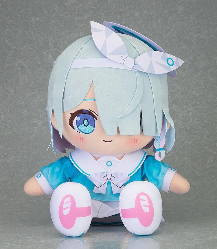 Blue Archive Chocopuni Big Plushie Arona featuring Arona in a soft chibi-style seated plush design with light blue hair, turquoise outfit, bright eye details, and head accessory.