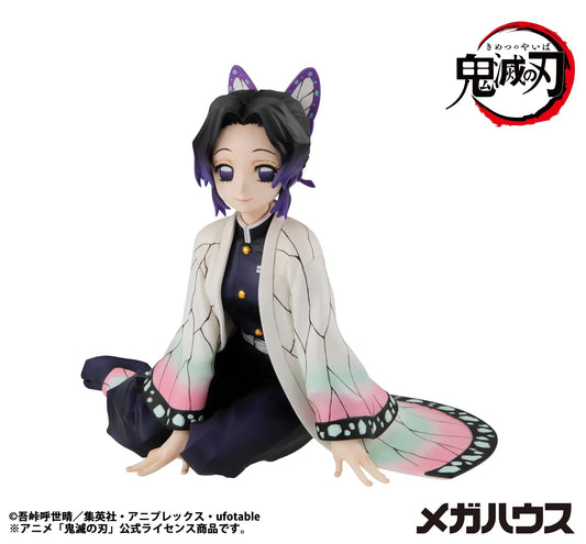 Demon Slayer Kimetsu no Yaiba G.E.M. Series Shinobu-san Tenohira Rerelease figure seated with butterfly haori, purple hair accents, and gentle smile