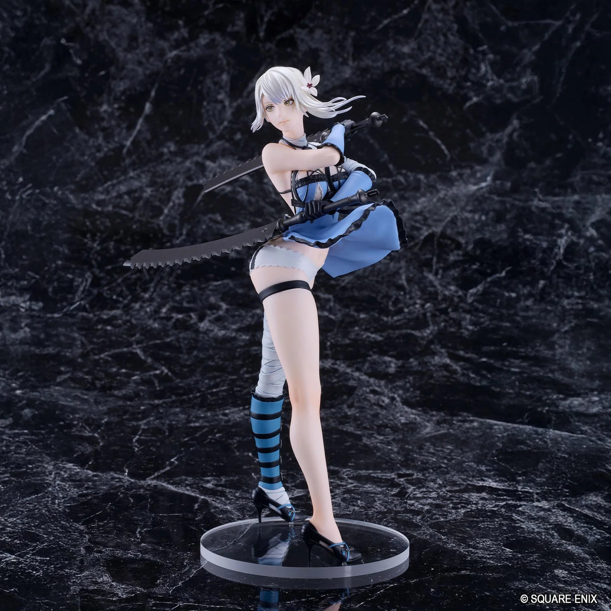 NieR POP UP PARADE Kaine L Size Figure featuring a white-haired character wearing a revealing blue and black outfit with lace details, one bandaged leg, and black high heels while holding two large swords in a dynamic pose.