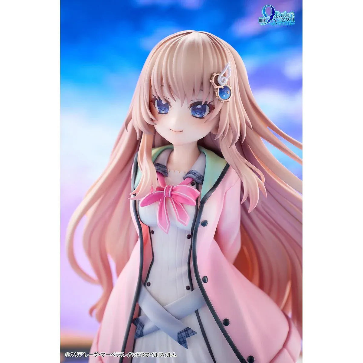 9-nine- Ruler's Crown Miyako Kujo 1/6 Scale Figure featuring a pink-haired anime girl with blue eyes wearing a white and blue school uniform, pink jacket, and matching ribbon, standing on a detailed light-blue gear-shaped display base.