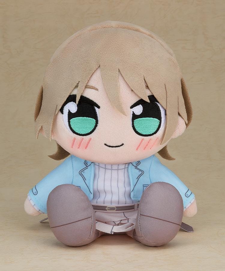 IKIZULIVE LOVELIVE BLUEBIRD Kuripan Plushie Yukuri Harumiya with light brown hair, green embroidered eyes, blue outfit, and seated chibi plush design