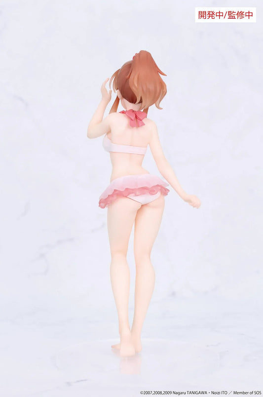 Vivit Mikuru Asahina figure with orange-brown hair, wearing a pink ruffled swimsuit with a red bow, smiling with one hand raised near her bangs.