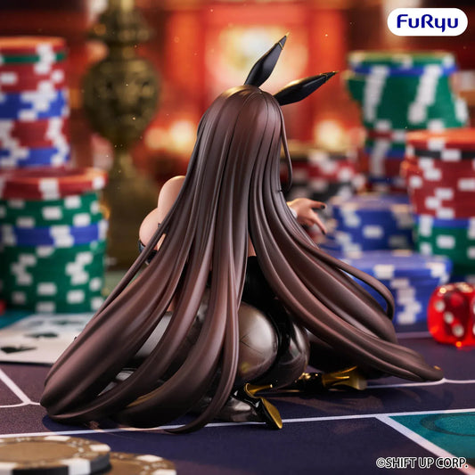 Goddess of Victory Nikke Noir Noodle Stopper Figure featuring Noir in a black bunny-style outfit with long brown hair and casino-themed details.