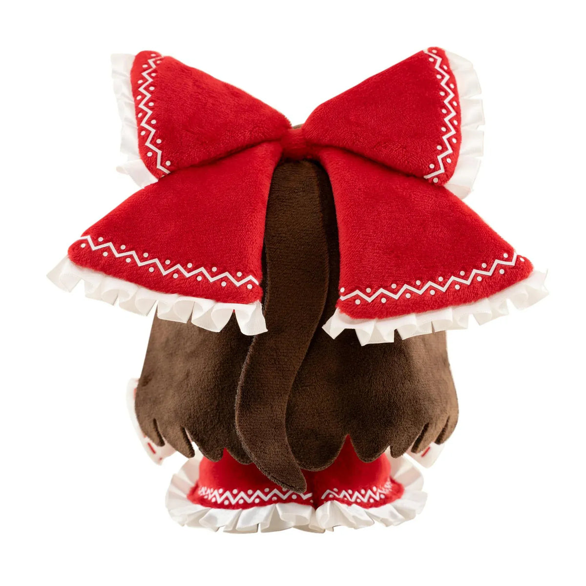 Touhou Project Chai Chara Project Reimu Hakurei Plushie featuring brown hair, embroidered brown eyes, an oversized red hair bow, a red and white shrine maiden outfit, and a cute seated chibi design.