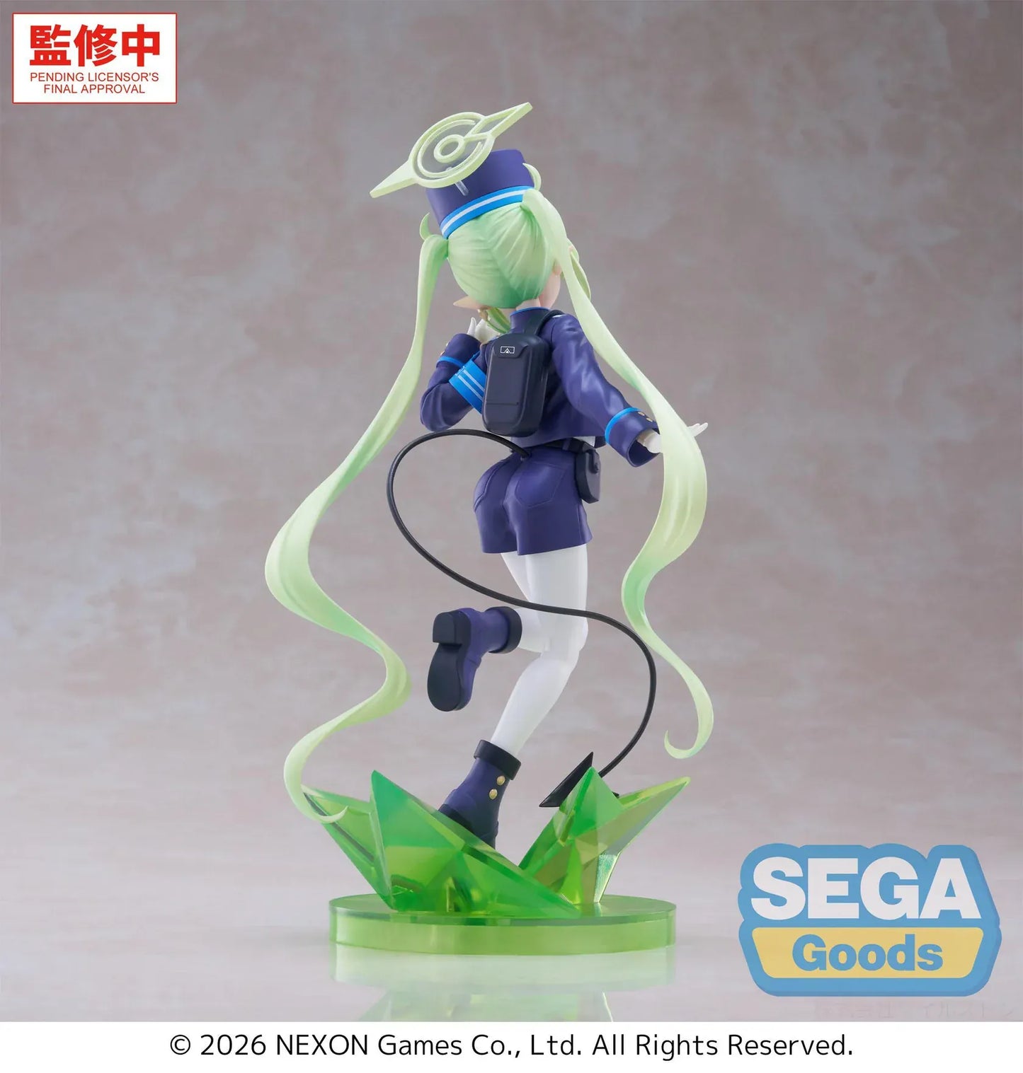 Blue Archive XStellar Nozomi Figure with green hair, uniform outfit, hat, and green crystal-style display base