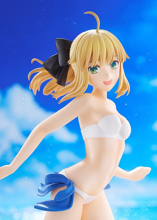 Fate stay night Pop Up Parade L Beach Queens Saber Lily figure wearing white bikini with blue ribbon in running pose.