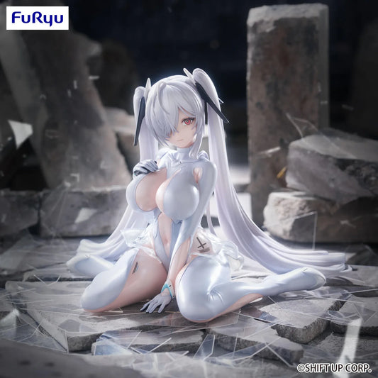NIKKE Cinderella Noodle Stopper figure seated in a glossy white outfit with translucent skirt details, long white twin tails, and black hair accessories.