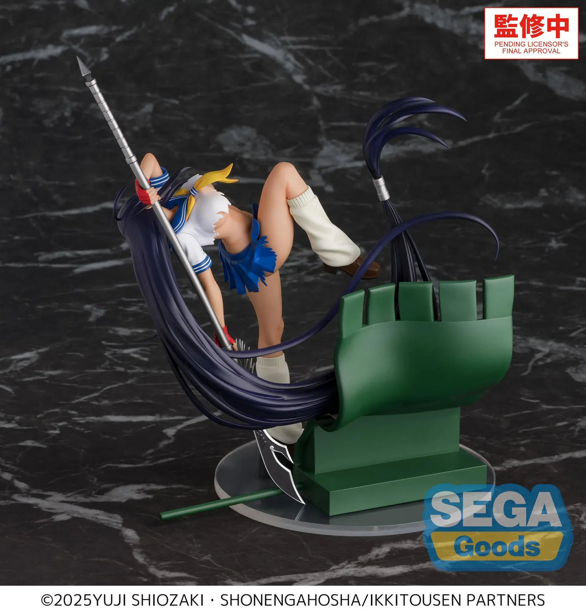 XStellar Unchou Kan'u figure in an acrobatic pose with long purple hair, a silver-bladed polearm, and a torn blue and white sailor outfit.