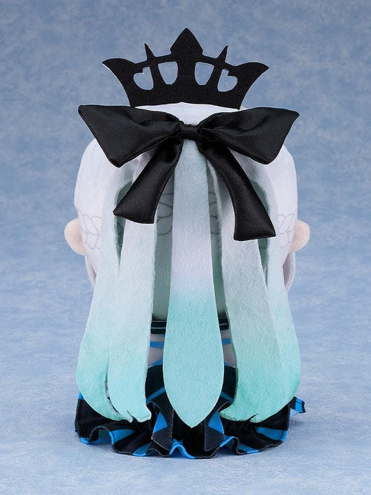 Fate/Grand Order Chocopuni Berserker Morgan plushie sitting with crown, white hair, and black-and-blue outfit