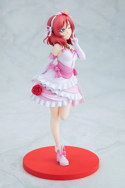 Love Live School Idol Project Maki Nishikino Bokutachi wa Hitotsu no Hikari Ver. Figure featuring Maki in a pink and white idol outfit with rose detail, white gloves, and red display base.