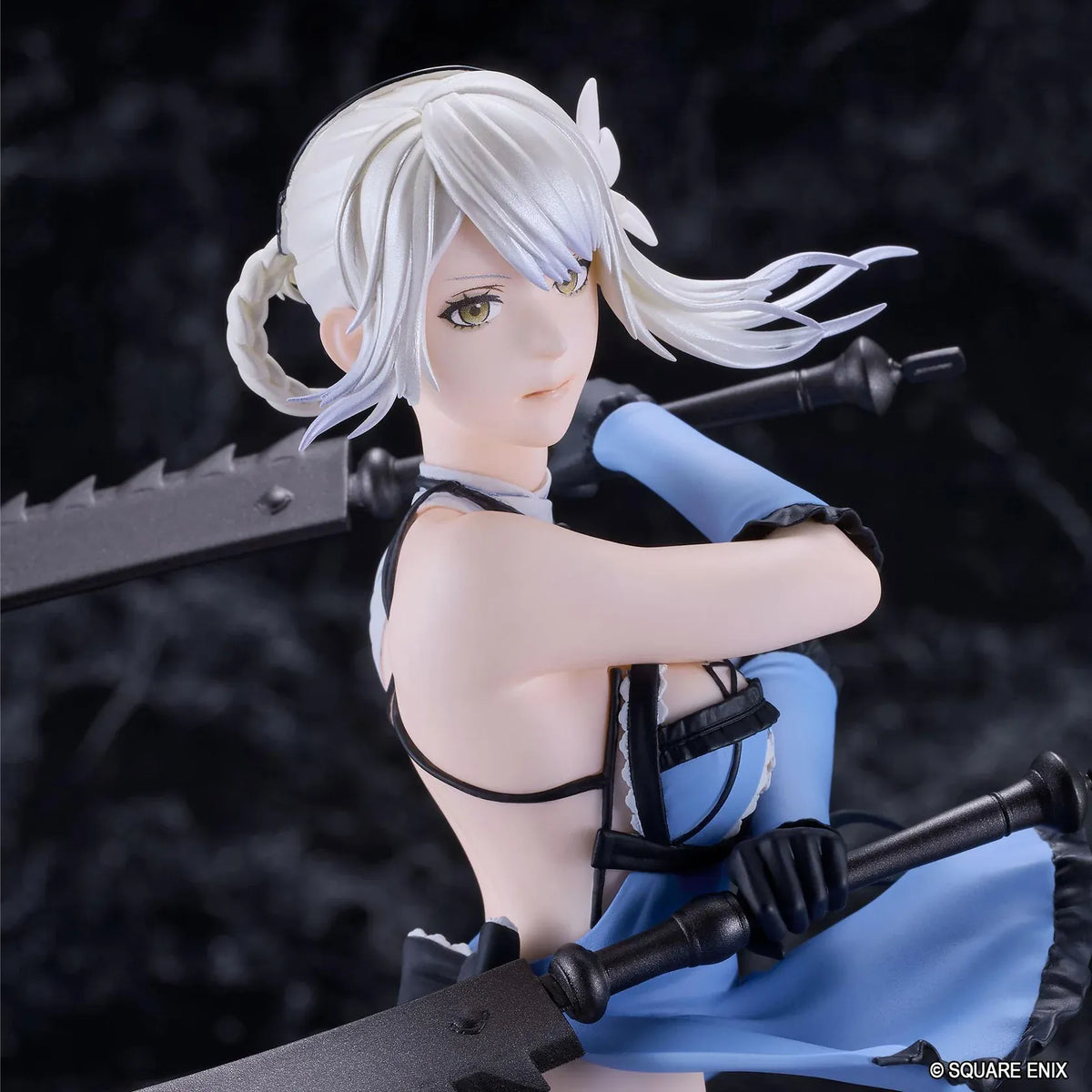 NieR POP UP PARADE Kaine L Size Figure featuring a white-haired character wearing a revealing blue and black outfit with lace details, one bandaged leg, and black high heels while holding two large swords in a dynamic pose.
