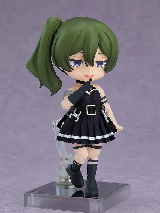 Frieren Beyond Journey's End Nendoroid Doll Übel with green hair, purple eyes, a black fabric dress with white trim, buckled belt, and black boots.