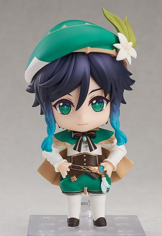 Genshin Impact Nendoroid Venti Figure Rerelease featuring Venti with green outfit, bard hat, braided teal hair accents, winking expression, and lyre accessory.