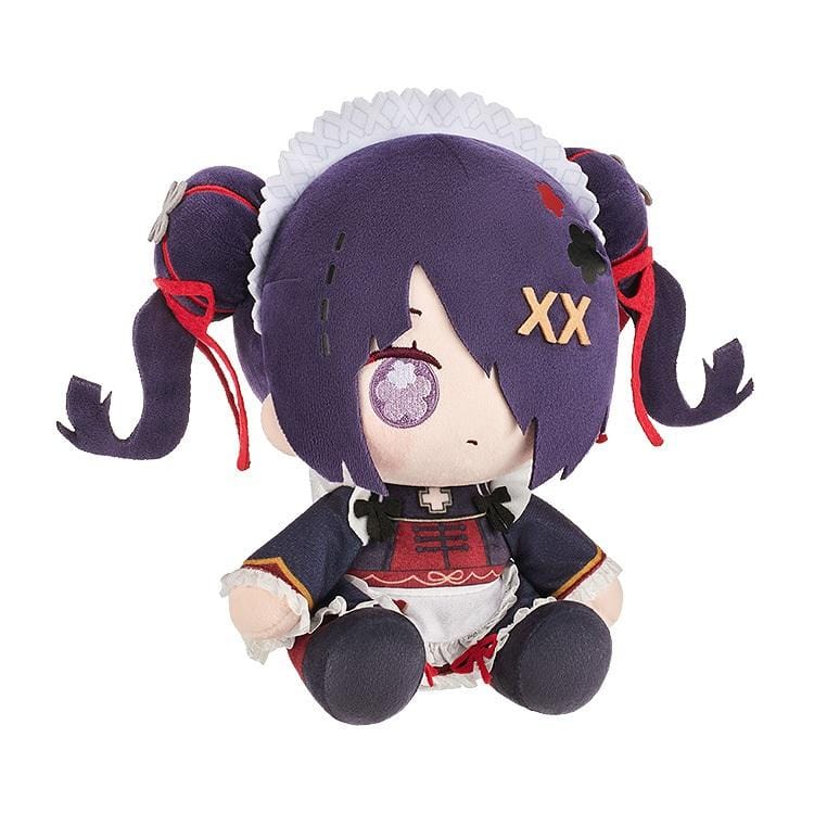 NEEDY STREAMER OVERLOAD Needy Streamer Chinese Restaurant Series Huggy Doll Ame featuring dark purple twin buns, lavender embroidered eyes, red hair ribbons, and a Chinese-inspired red and black outfit with white frills.