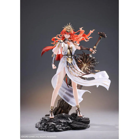 Wuthering Waves Augusta 1/7 Scale Figure with orange-red hair, white-and-gold outfit, armor accents, weapon accessory, and rocky display base