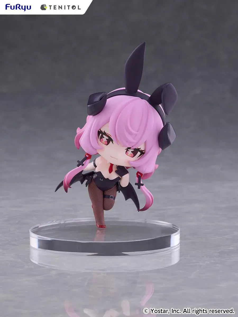 Stella Sora TENITOL Mini Bernina Bunny Figure by FuRyu featuring a pink-haired anime girl with reddish-pink eyes, black bunny ears, a black bunny outfit, fishnet tights, red accents, and bat-like wings in a playful pose.
