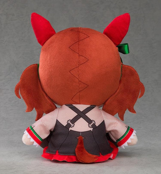 Umamusume Pretty Derby Kuripan Plushie Nice Nature (Rerelease) featuring reddish-brown twin-tails, brown embroidered eyes, red horse ears with green decorations, a green hair ribbon, and a black outfit with red and green accents.