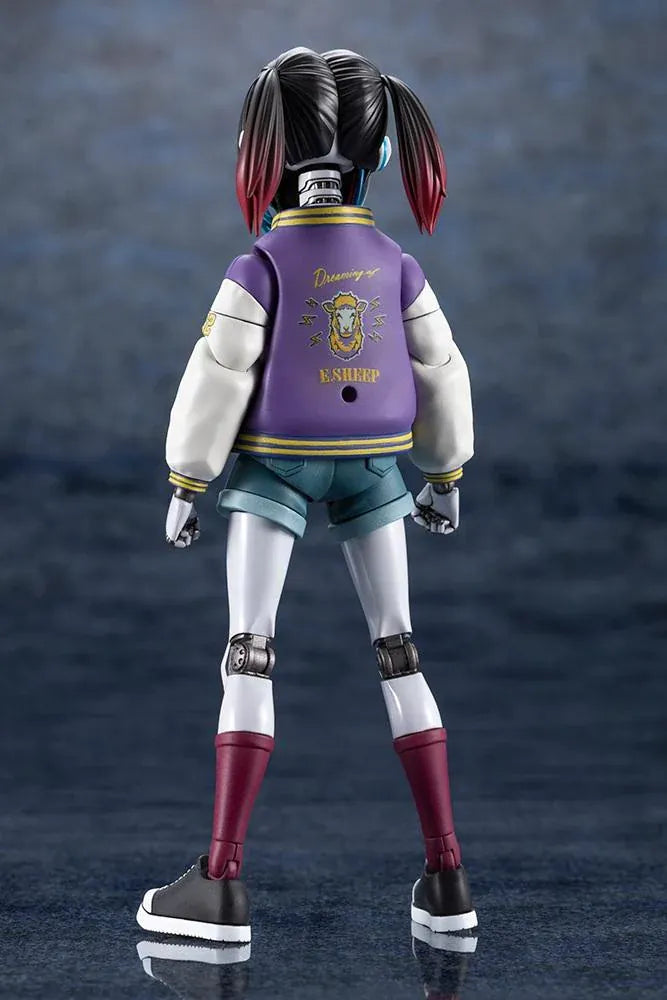 Milky Subway The Galactic Limited Express Makina Model Kit Figure featuring a robotic anime girl with black twin-tail hair, a blue-tinted face, a purple varsity jacket with white sleeves, denim shorts, mechanical arms and legs, burgundy socks, and black-and-white sneakers.