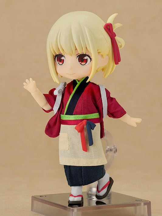 Lycoris Recoil Nendoroid Doll Chisato Nishikigi in Cafe LycoReco uniform with red kimono-style top and apron standing pose.