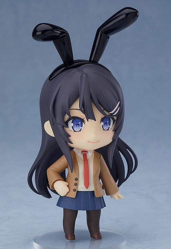 Rascal Does Not Dream of Bunny Girl Senpai Nendoroid Mai Sakurajima Figure (Rerelease) featuring a black-haired anime girl with blue eyes wearing a brown school blazer, red necktie, navy-blue pleated skirt, dark tights, and holding a black bunny ears accessory.
