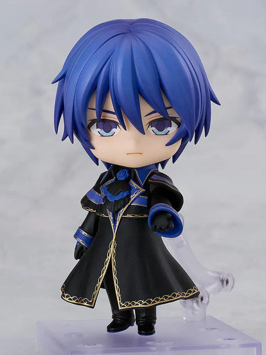 Vocaloid Nendoroid No.2973 Kaito Cantarella Ver. wearing black and blue ornate coat holding small bottle accessory.