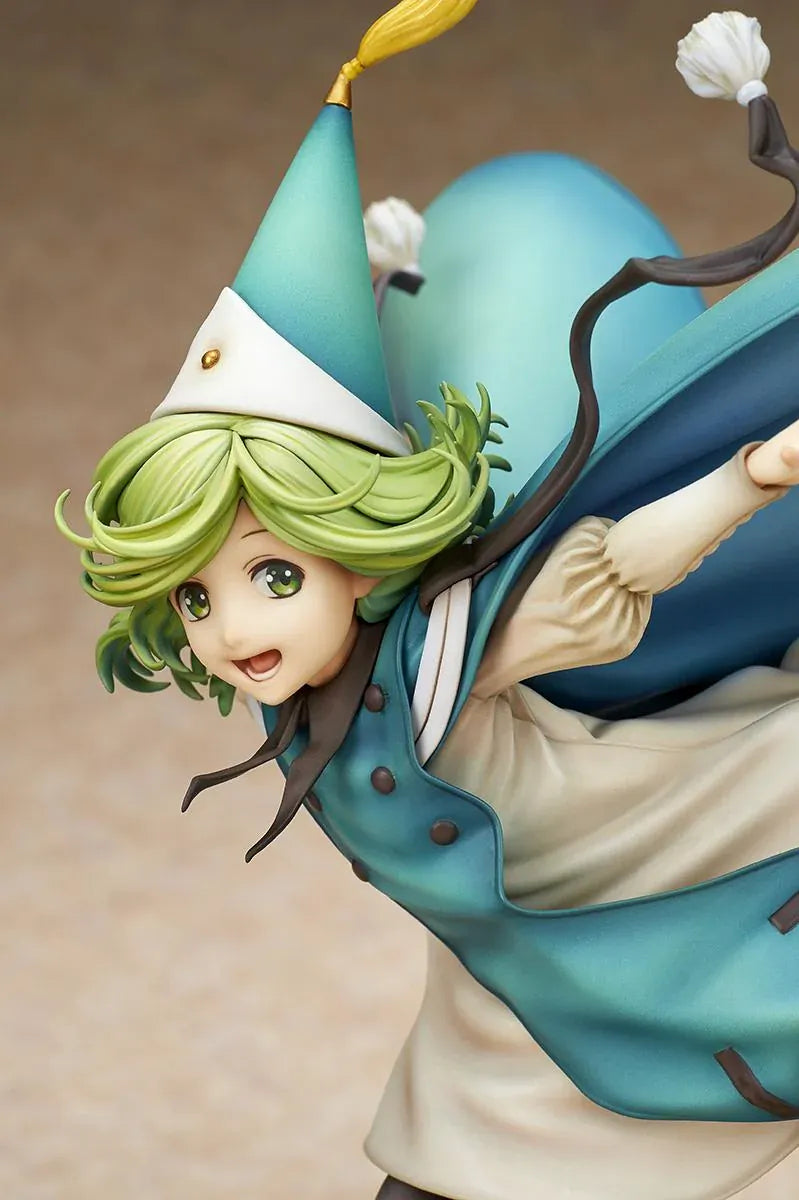 Witch Hat Atelier Coco 1/6 scale figure in a dynamic airborne pose wearing a pointed witch hat, cream dress, teal cloak, and golden shoes.