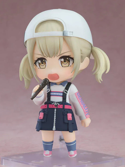 Chibi-style Nendoroid figure of Azusawa Kohane from Project Sekai wearing a backwards white cap and street-style outfit, holding a microphone and smiling.