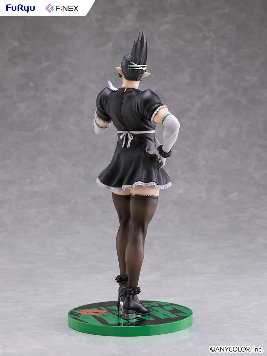 Hanabatake Chaika 1/7 Scale Figure by FuRyu F featuring a VTuber with tall black hair, green highlights, pointed ears, and a black and white maid outfit with white gloves, dark stockings, and black heels on a green circular display base.