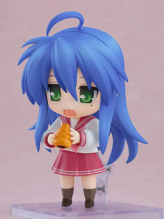 Lucky Star Nendoroid Konata Izumi 2.0 figure with long blue hair and school uniform in chibi pose.