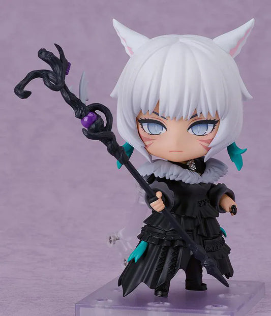 Final Fantasy XIV Nendoroid Y'shtola Figure featuring Y'shtola in a chibi-style design with white hair, cat-like ears, black outfit, and ornate staff accessory.