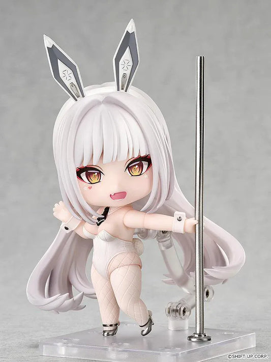 GODDESS OF VICTORY NIKKE Nendoroid Blanc Figure featuring Blanc in a white bunny outfit with long white hair, golden eyes, bunny ears, fishnet stockings, and weapon accessory.