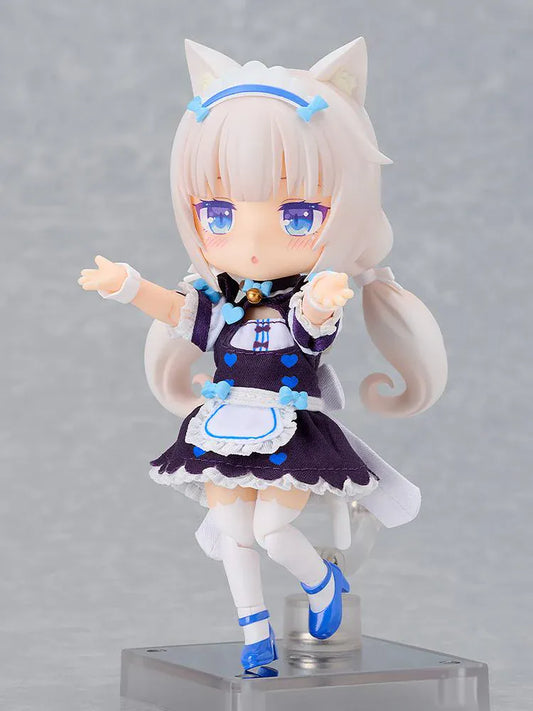 Nekopara Sekai Connect Nendoroid Doll Vanilla with white cat ears, twin-tail hair, blue accents, maid outfit, and frilly apron
