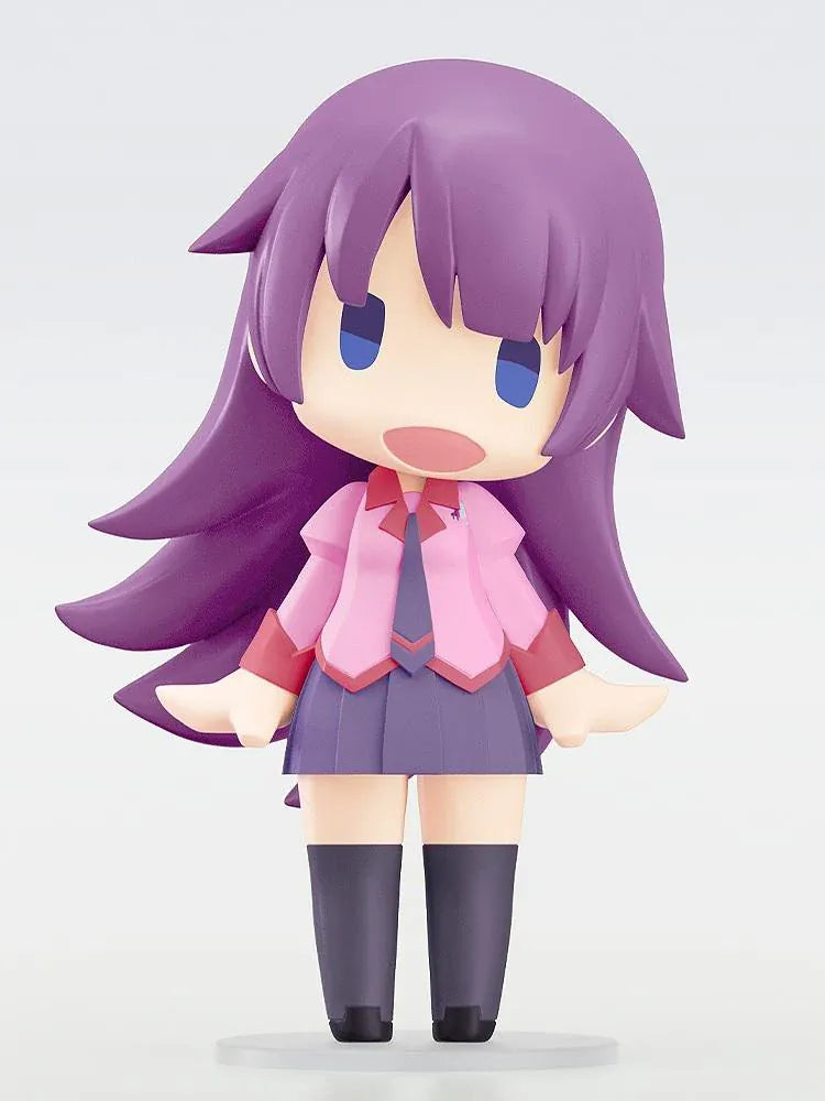 Monogatari Series HELLO! GOOD SMILE Hitagi Senjyogahara Figure featuring a purple-haired anime girl with blue eyes, a pink school uniform, dark necktie, pleated skirt, and knee-high socks in a cute chibi design.