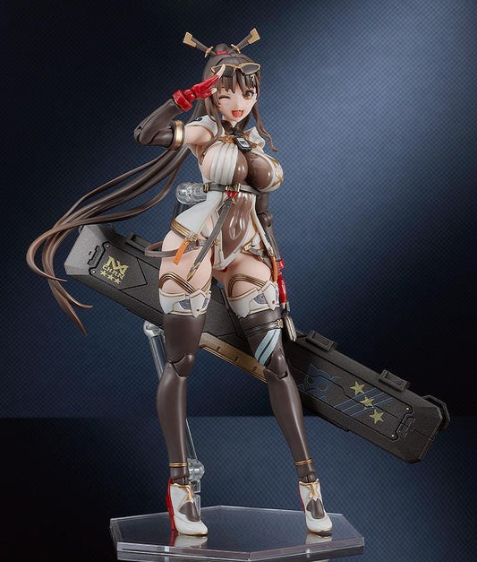 PLAMATEA MX-chan Model Kit featuring MX-chan in a black, white, and brown tactical outfit with red gloves and a large weapon case