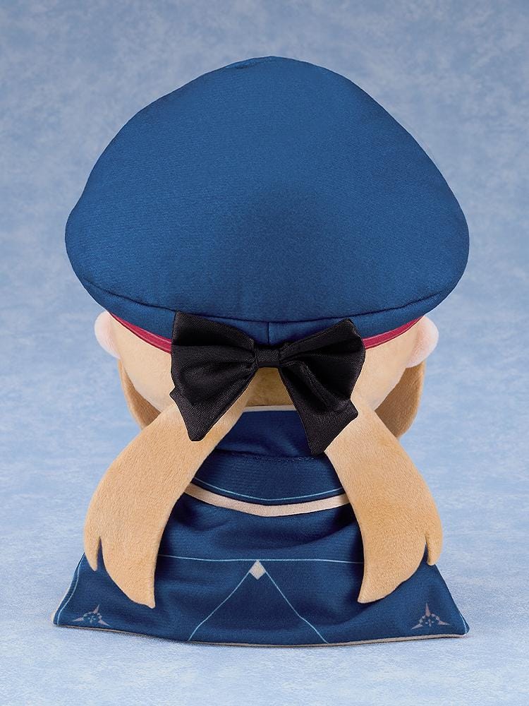 Fate/Grand Order Chocopuni Caster Altria Caster plushie sitting pose with blue beret, cape, and aqua eyes