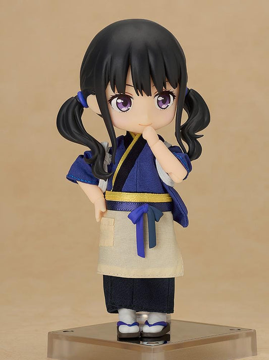 Lycoris Recoil Nendoroid Doll Takina Inoue in Cafe LycoReco uniform with blue kimono-style top and apron standing pose.