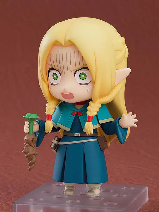 Delicious in Dungeon Nendoroid No.2385 Marcille re-run figure holding wooden staff wearing blue mage outfit with blonde braids.