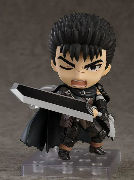 Berserk Nendoroid Guts Figure Rerelease featuring Guts with spiked black hair, armor, black cape, serious expression, and Dragon Slayer sword.