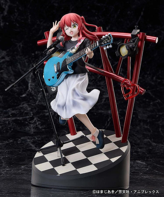 Bocchi the Rock Ikuyo Kita 1/7 Scale Figure performing with blue guitar on stage base with red lights and microphone