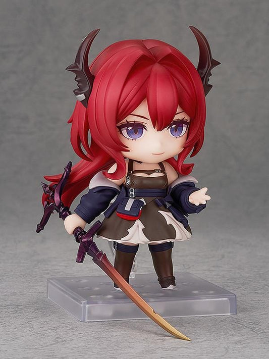 Arknights Nendoroid Surtr Figure rerelease featuring crimson hair, black horns, purple eyes, and her signature oversized sword