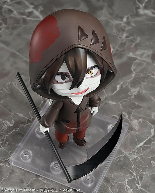 Angels of Death Nendoroid Isaac Foster figure wearing a hooded outfit with bandages and holding a scythe.