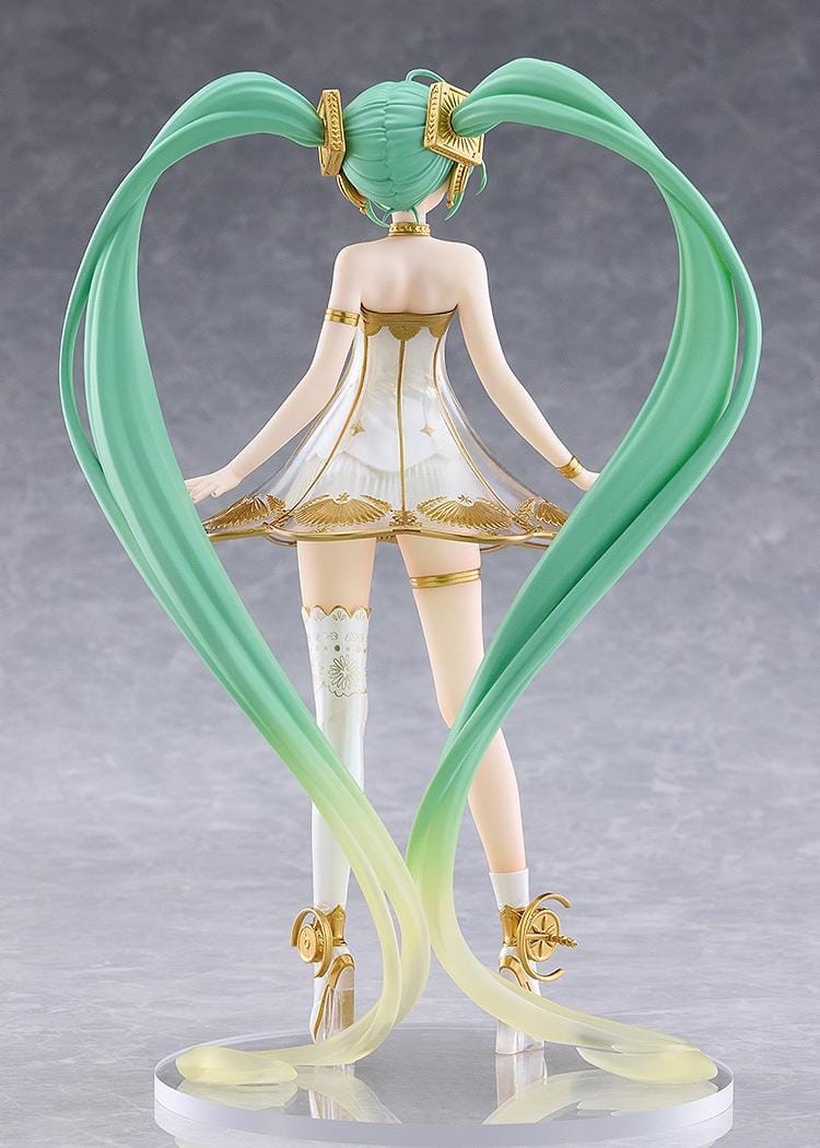 Hatsune Miku POP UP PARADE Symphony 2020 Ver. L Size Figure featuring long turquoise twin-tails, green eyes, an elegant white dress with gold detailing, decorative stockings, and matching gold accessories.