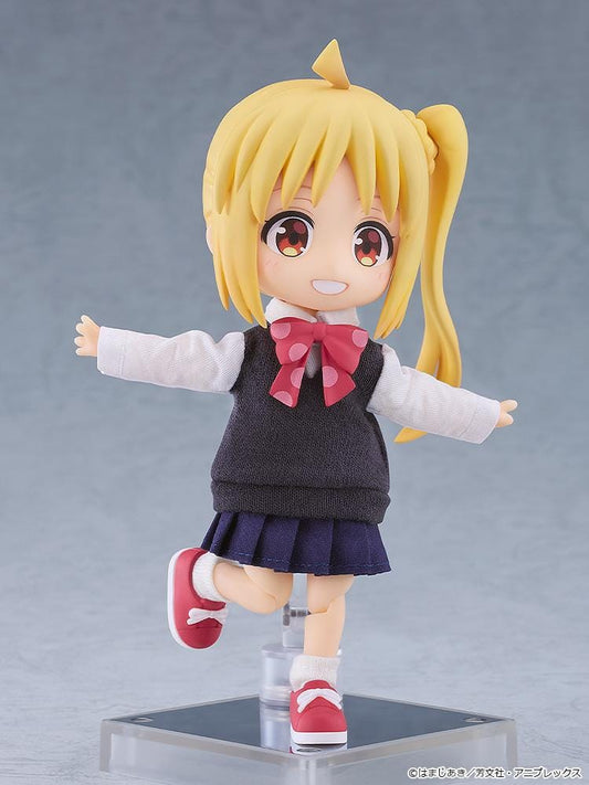 Bocchi the Rock Nendoroid Doll Nijika Ijichi figure with blonde side ponytail wearing a school outfit with fabric sweater, skirt, and pink bow