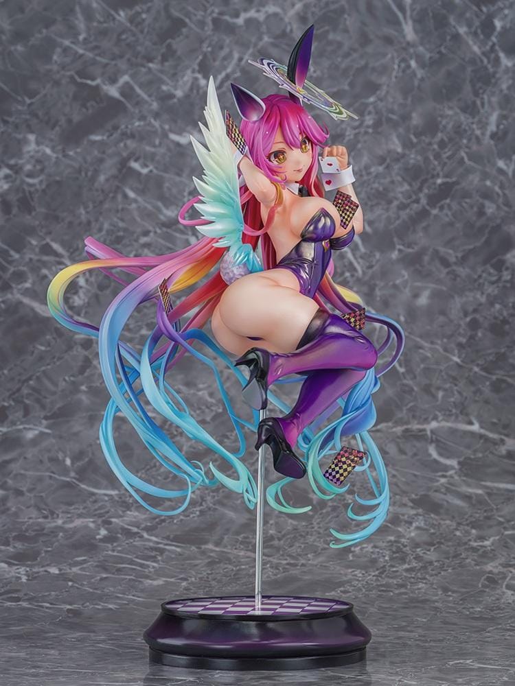 No Game No Life Jibril Bunny Ver. 1/6 Scale Figure featuring a pink-haired anime girl with flowing multicolored strands, golden eyes, purple bunny ears, a glossy purple bunny suit, thigh-high stockings, feathered wings, and a halo floating above a checkered display base.