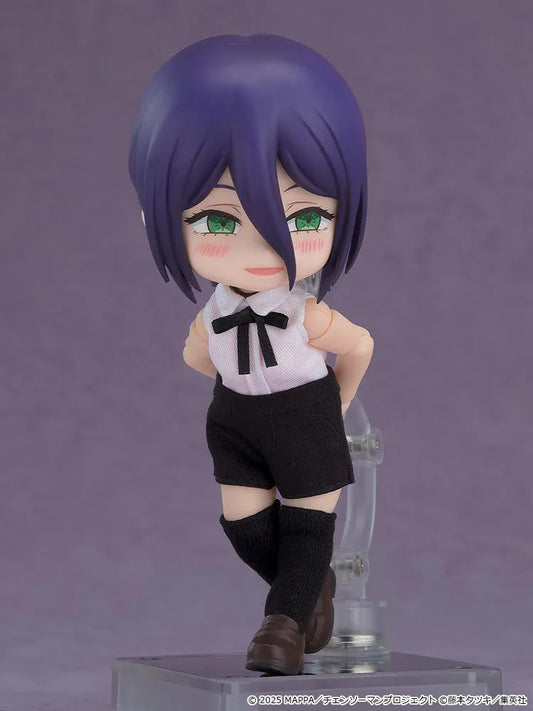 Chainsaw Man The Movie Reze Arc Nendoroid Doll Reze featuring Reze in a chibi doll design with purple hair, green eyes, white top, black shorts, and knee-high socks.