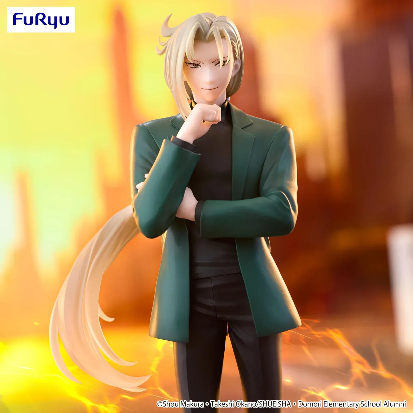 Anime figure of Kyosuke Tamamo from Hell Teacher: Jigoku Sensei Nube standing confidently in a green blazer with long blond hair against a fiery sunset city backdrop.