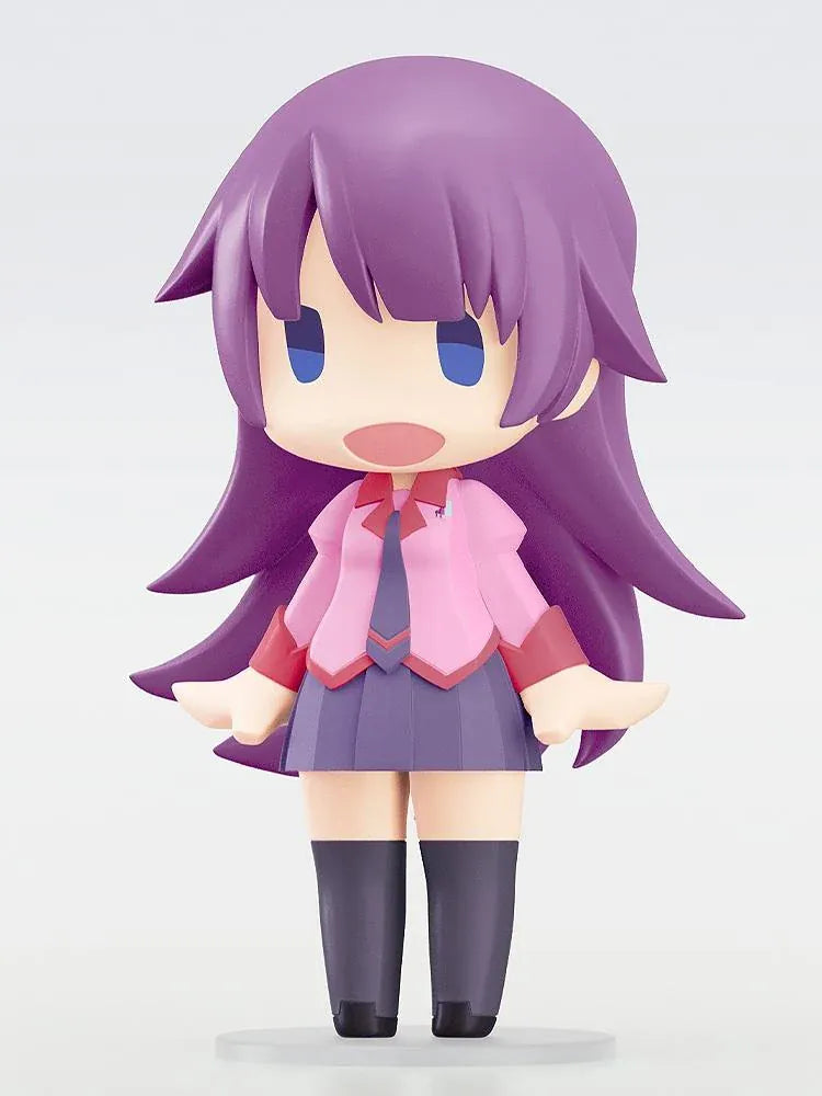 Monogatari Series HELLO! GOOD SMILE Hitagi Senjyogahara Figure featuring a purple-haired anime girl with blue eyes, a pink school uniform, dark necktie, pleated skirt, and knee-high socks in a cute chibi design.