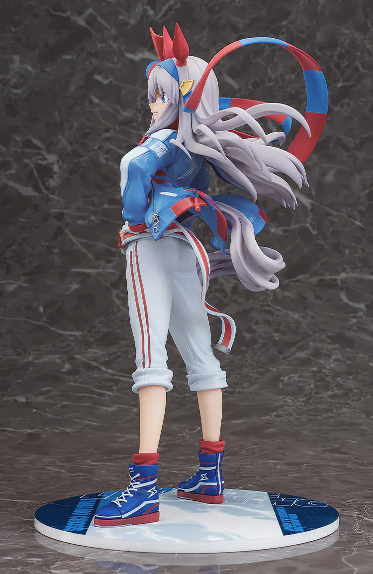 Uma Musume: Cinderella Gray Tamamo Cross 1/7 Scale Figure featuring Tamamo Cross in her vibrant blue and red racing jacket with confident pose and long flowing twin tails.