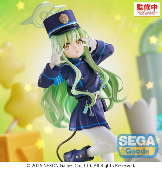 Blue Archive XStellar Hikari Figure with green hair, uniform-inspired outfit, matching hat, and green crystal-style display base